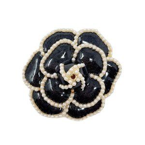 Black Gold Enamel Pearl Rose Flower Brooch Pin